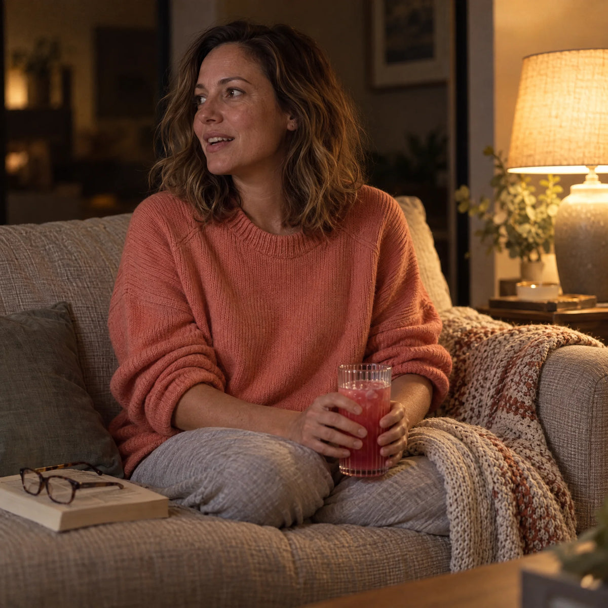 Woman on a sofa in the evening with a glass of Evenrise